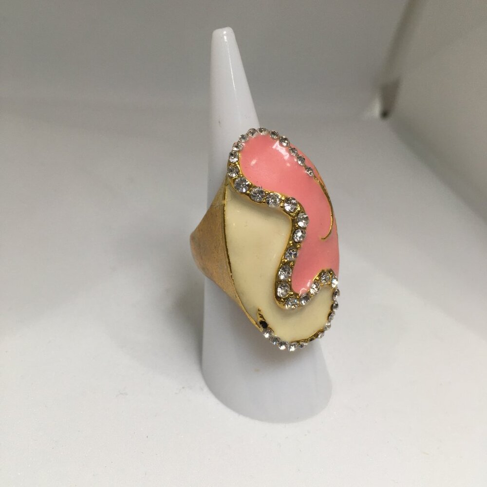 NEW Ivory Pink Enamel Lacquer Silver Rhinestone Large Oval Gold Ring